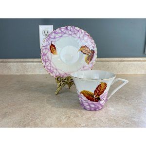 Kikusui China White w/Pink Swirl & Gold Trim Tea Cup And Saucer Set Leaves